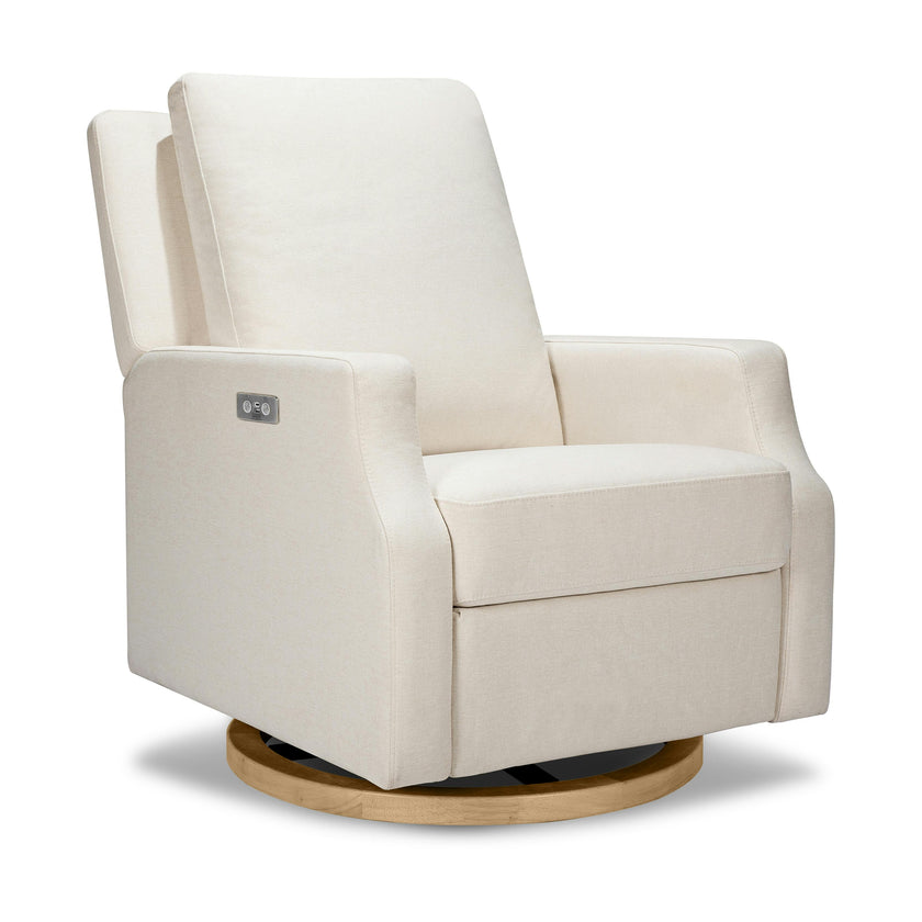 Crewe Electronic Recliner and Swivel Glider in Performance Cream Eco-Weave with Light Wood Base