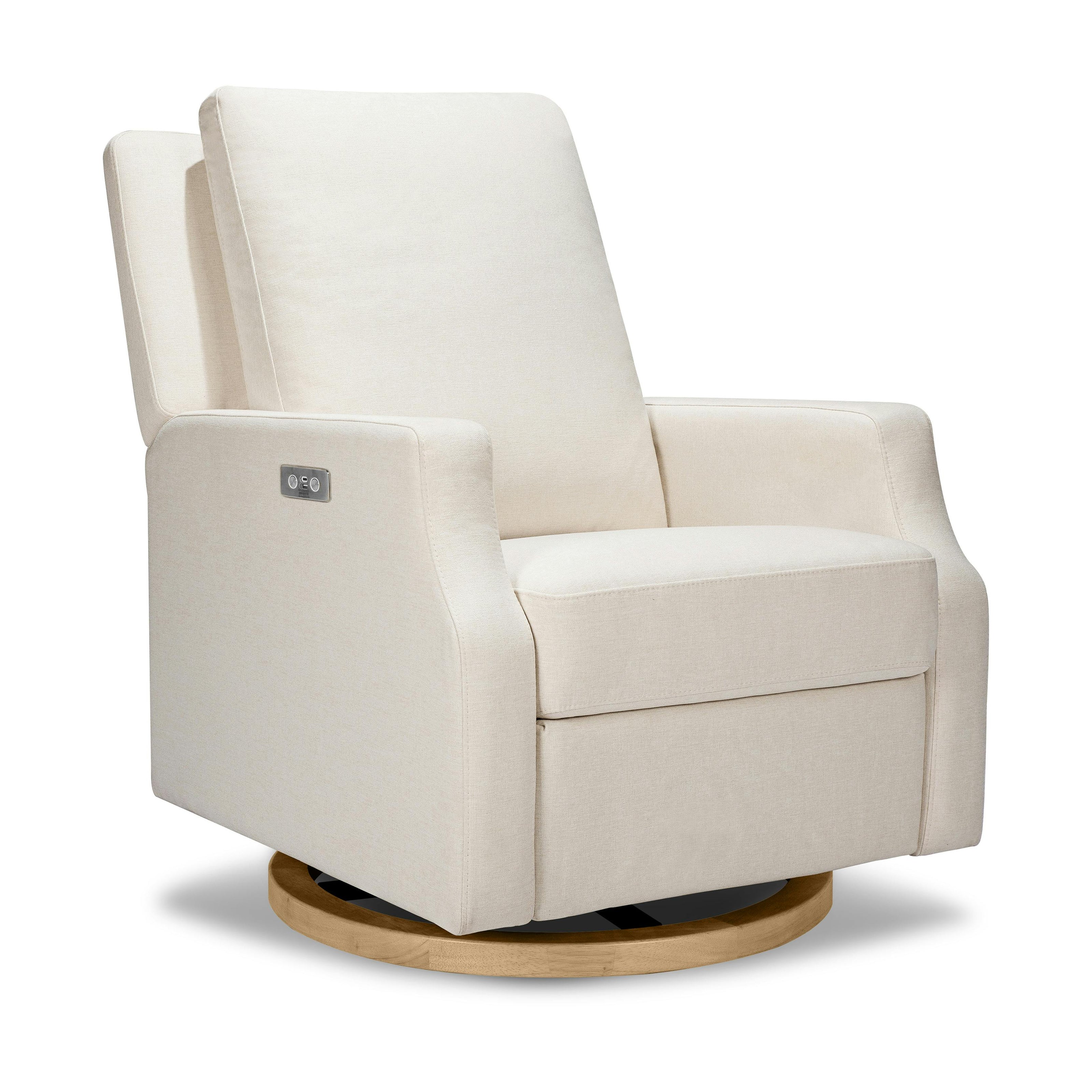 Crewe Electronic Recliner and Swivel Glider in Performance Cream Eco-Weave with Light Wood Base