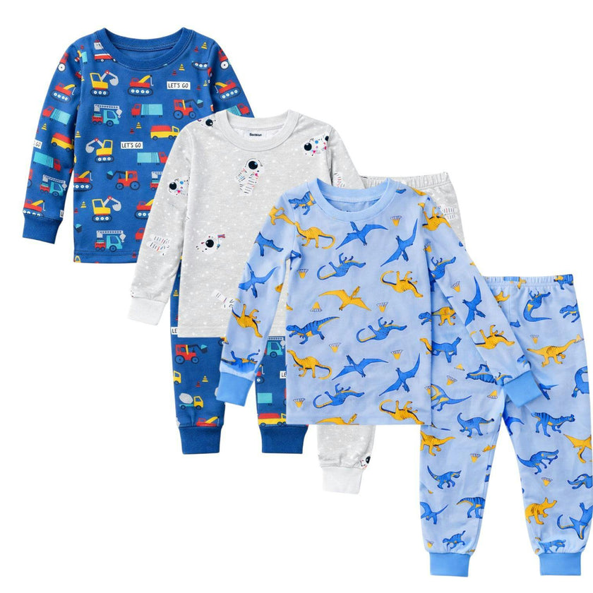 Kids and Toddlers 3 Pack Blue Dinosaurs/Cars/Astronauts Long Sleeve Snug Fitted Pajamas