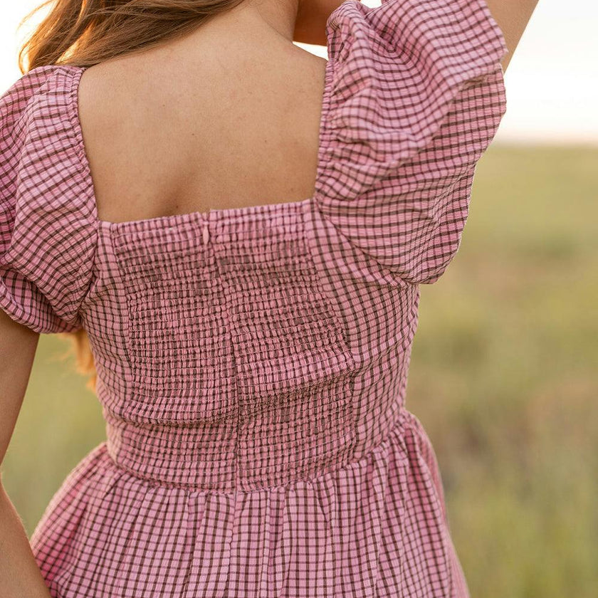 Monica Dress in Pink & Brown Gingham