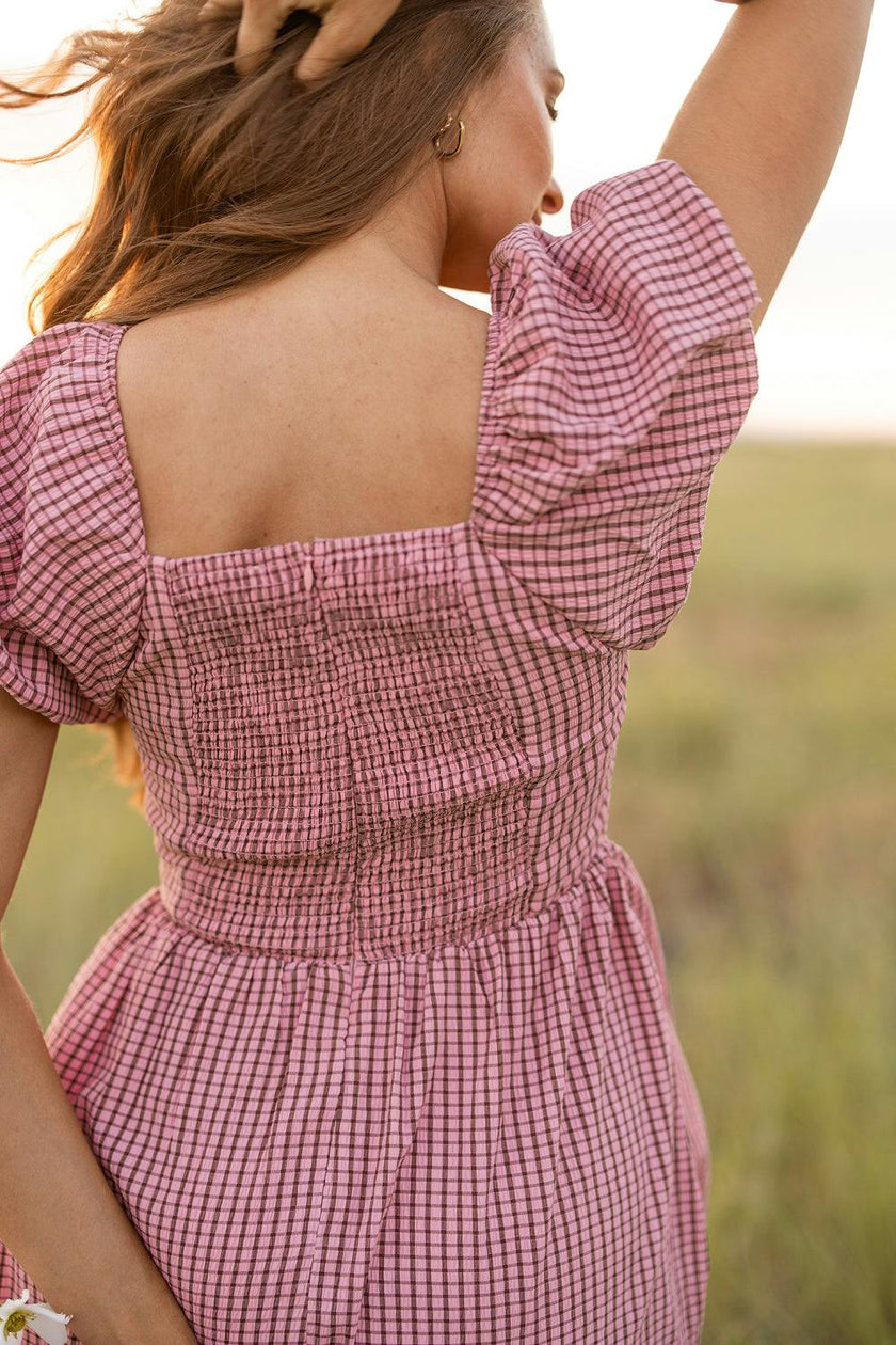 Monica Dress in Pink & Brown Gingham