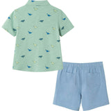 Kids Light Green Print Knit Buttondown & Blue Hybrid Short Set