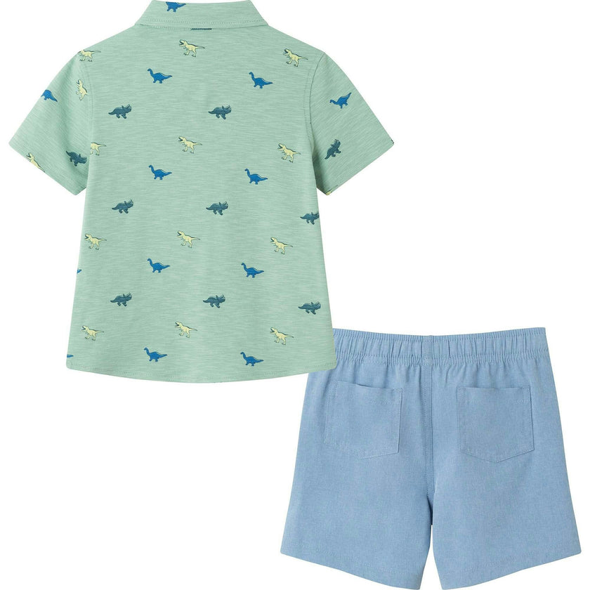 Kids Light Green Print Knit Buttondown & Blue Hybrid Short Set