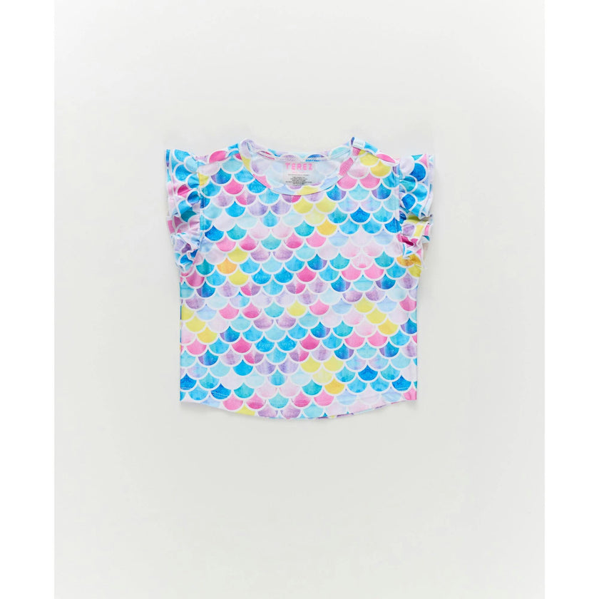 Girls Hi-Shine Ruffle Crop Top in Watercolor Mermaid