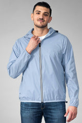 Powder blue full zip packable rain jacket and windbreaker
