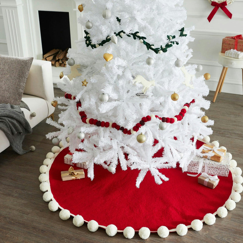 Handmade Christmas Tree Skirt Felt - Pom Poms Red 63" / 72"