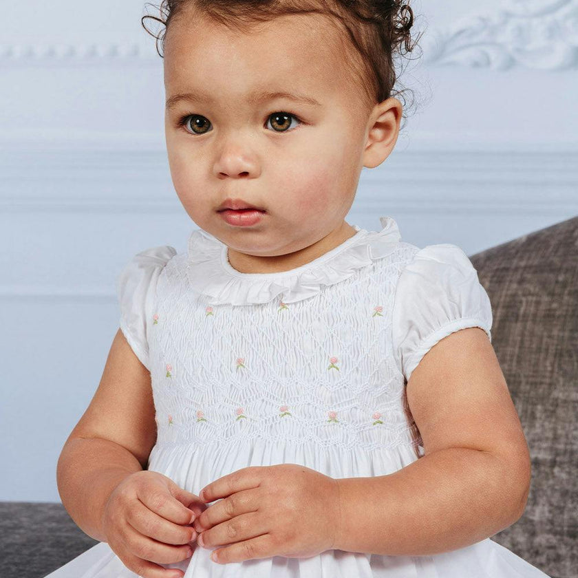 Baby Willow Rose Hand Smocked Dress in White