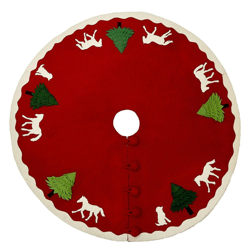 Handmade Dogs and Horses Red Christmas Tree Skirt Hand Felted Wool 60"
