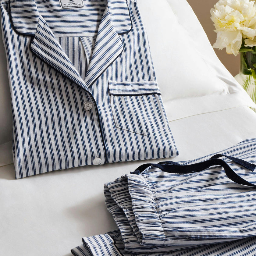 Women's Twill Pajama Set in Navy French Ticking