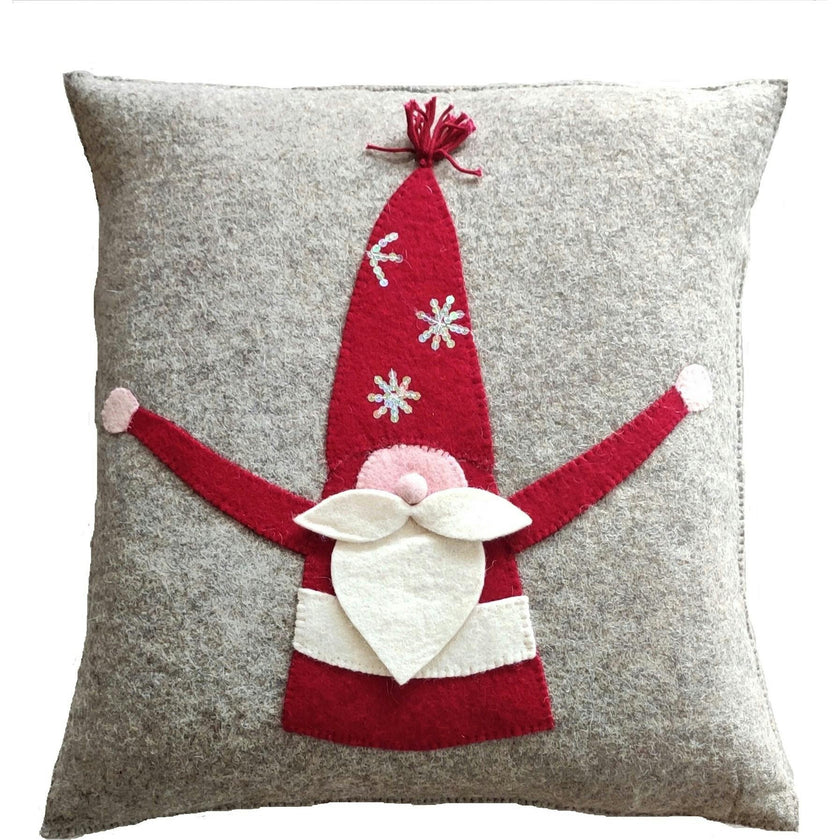 Hand Felted Wool Pillow - Gnome Red Sequin Hat - 20"