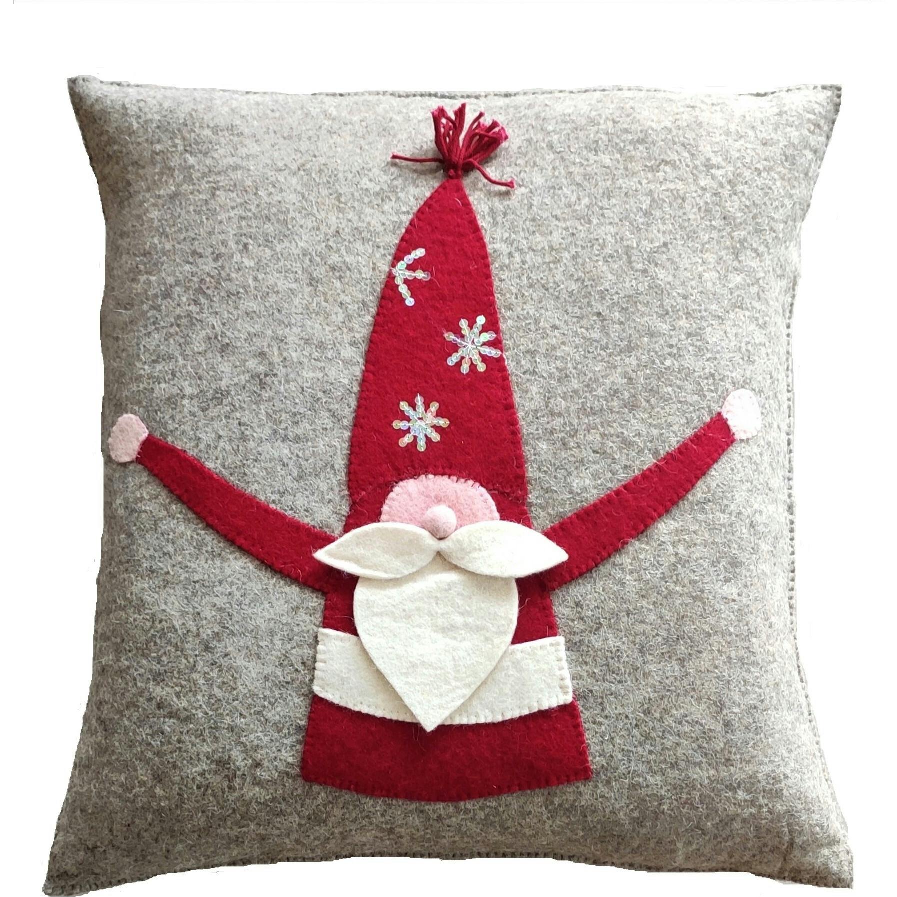 Hand Felted Wool Pillow - Gnome Red Sequin Hat - 20