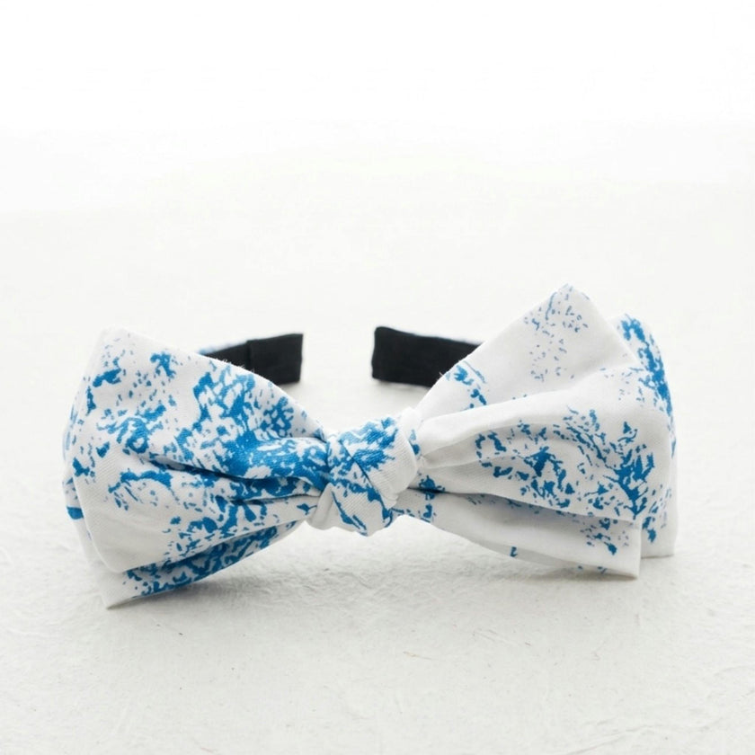 Three Little Bows Headband- Blue Toile