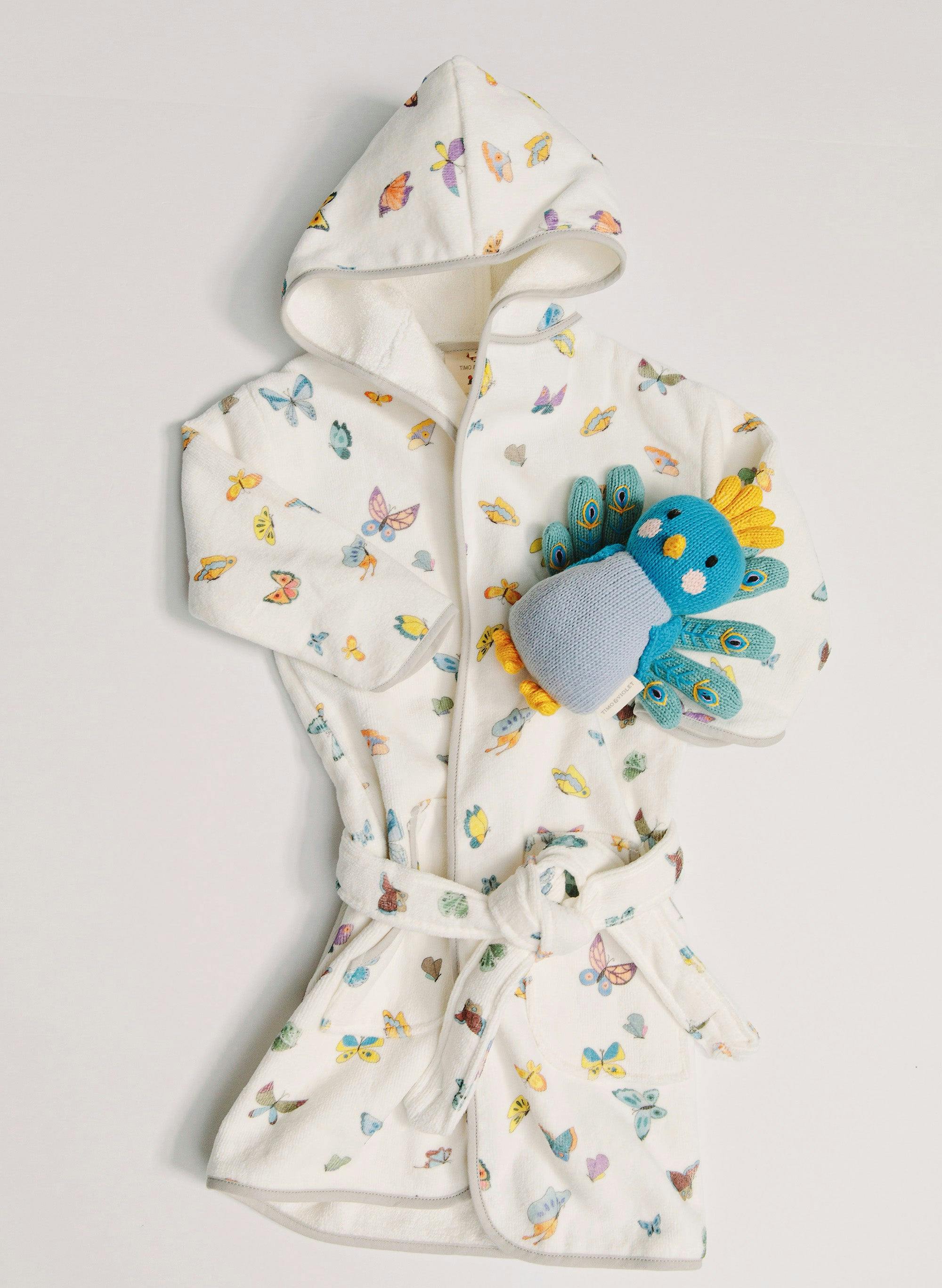 Organic Children’s Bathrobe – Madame Butterfly and Violet the Peacock - Knit Doll