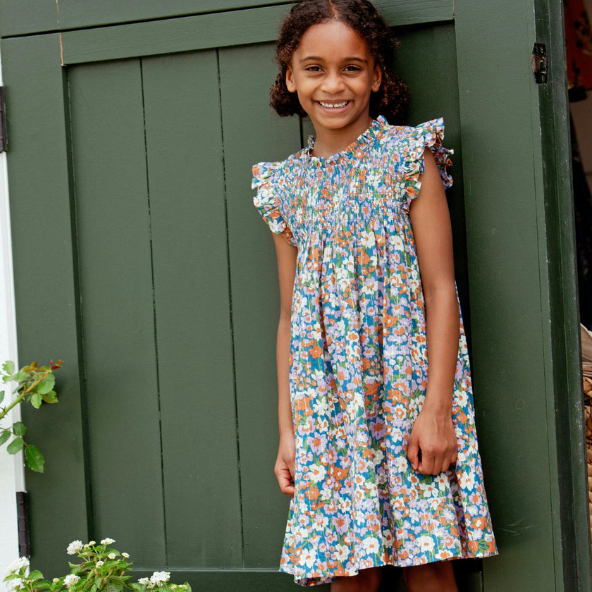 Girls Stevie Dress - True Blue Sketched Floral