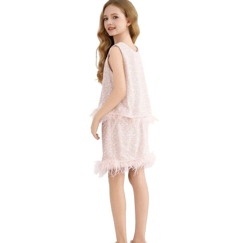 Peach Sequin Feather-Trim Set