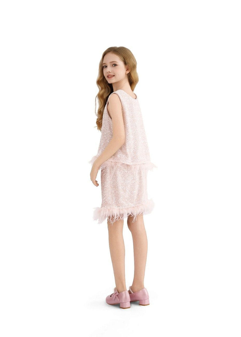 Peach Sequin Feather-Trim Set