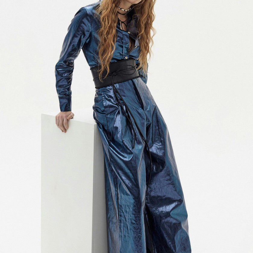 Culotte Metallic Linen Pants - Dark Blue