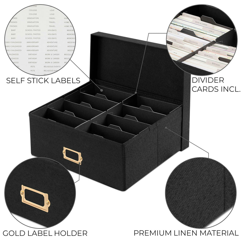 Decorative Photo Storage Box - Sturdy Linen Photo Organizer with Dividers - Stores Up to 850 4x6 Photos - Portable Scrapbook Storage Container with Lid