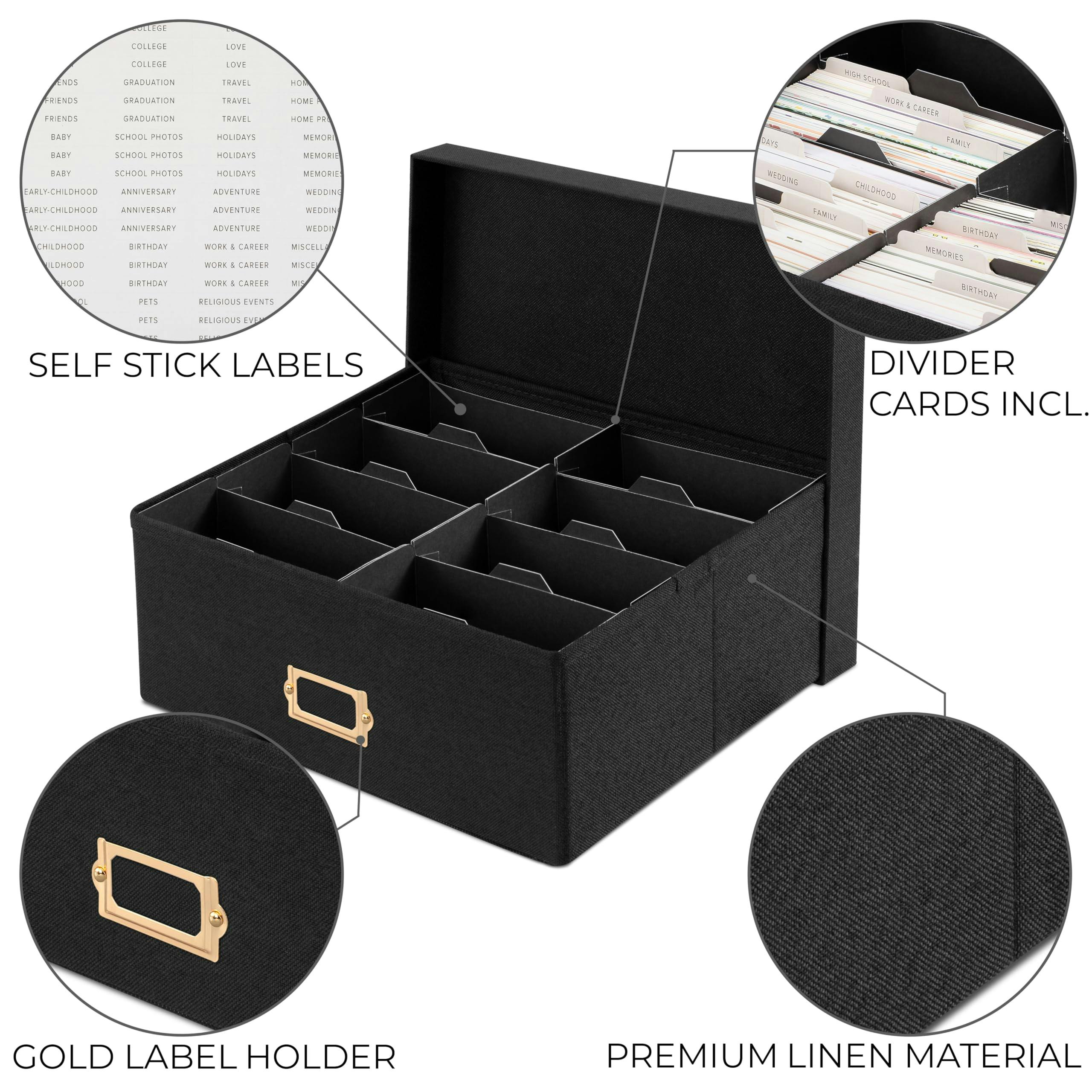 Decorative Photo Storage Box - Sturdy Linen Photo Organizer with Dividers - Stores Up to 850 4x6 Photos - Portable Scrapbook Storage Container with Lid