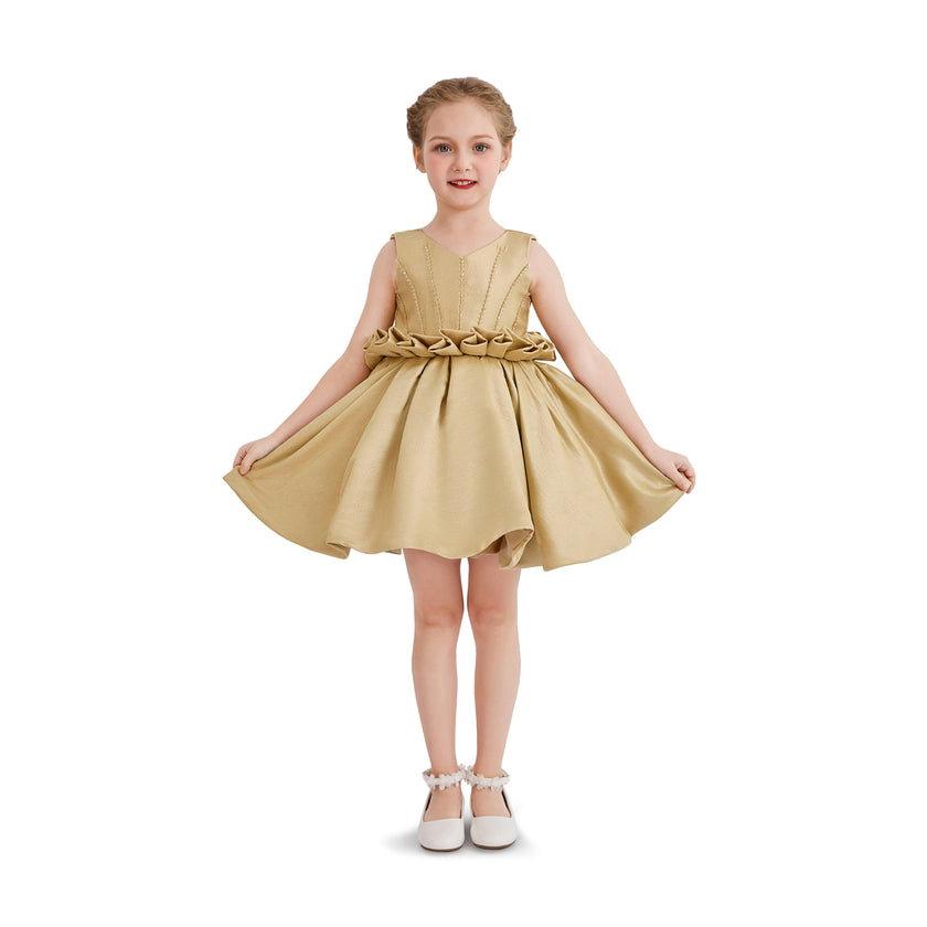 Gold Luminara Ruffle Waist Formal Dress