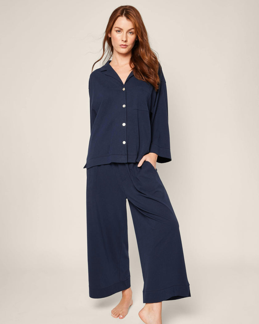 The Olivia Wide Leg Pima Pajama Set in Navy