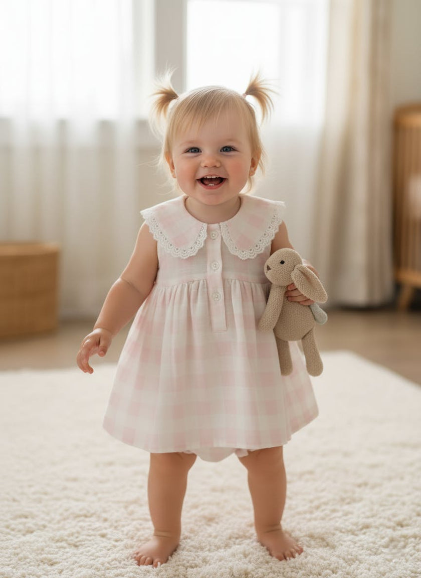 Oversized Collars Check Dress Soft Pink