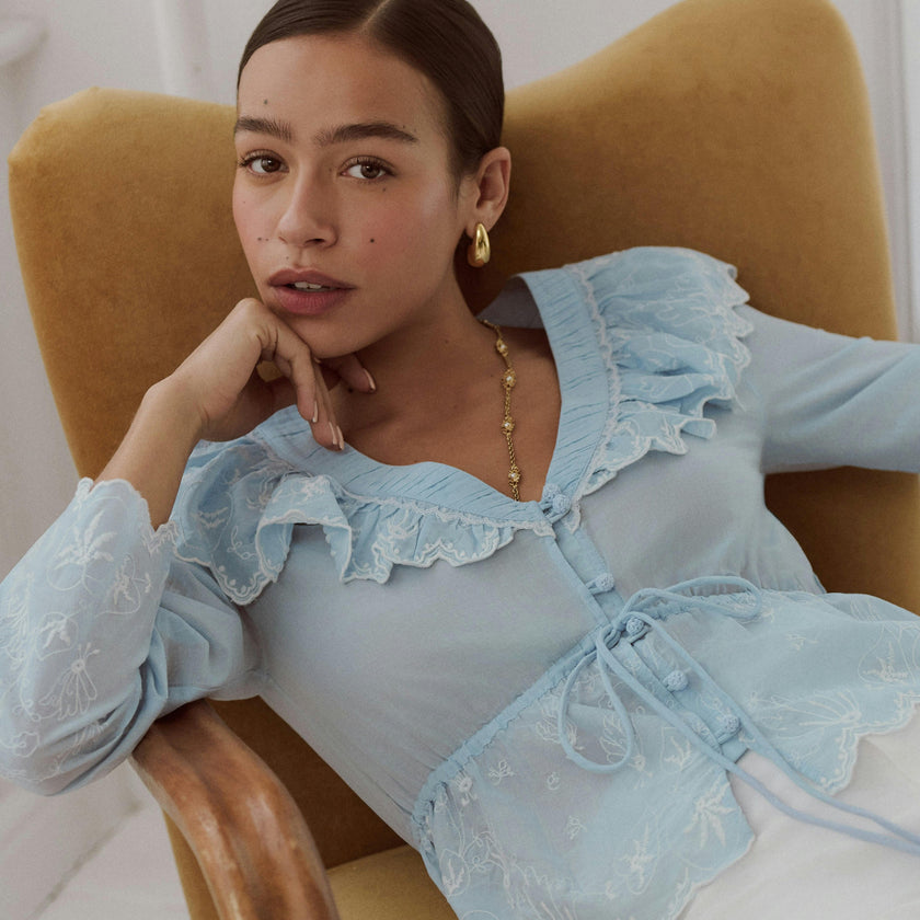 The Zoya Top - Powder Blue with White Embroidery