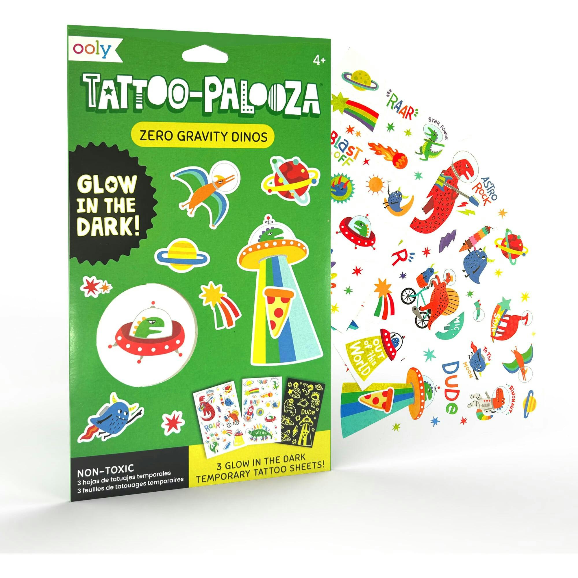 Tattoo-Palooza Glow in the Dark Temporary Tattoos - Zero Gravity Dinos - 3 Sheets