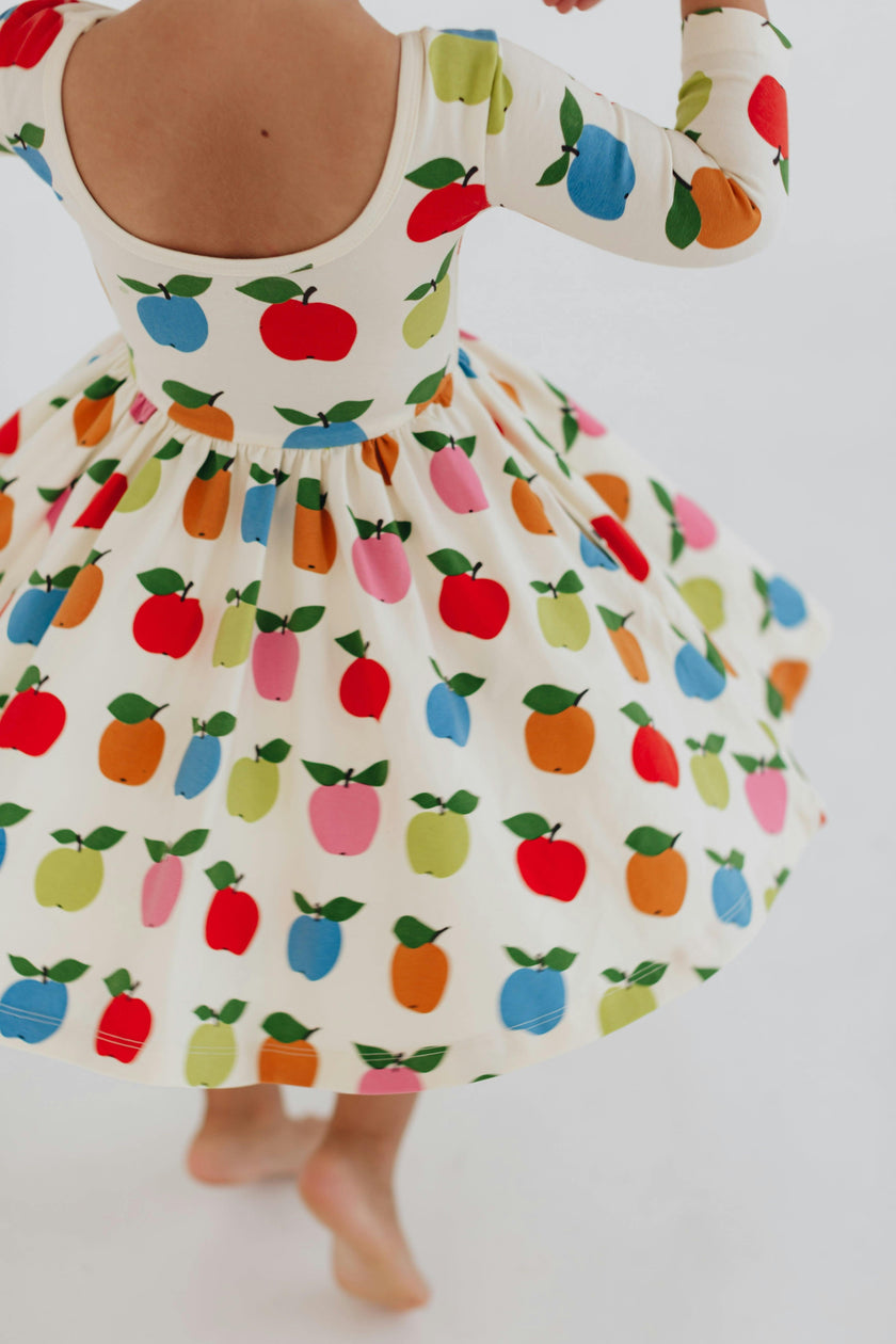 3/4 Sleeve Twirl Dress in Colorful Apples