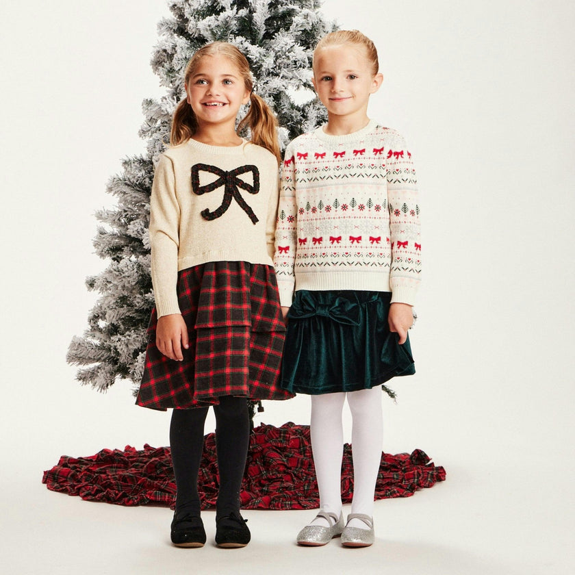 Girls Holiday Sweater Dress | Plaid Bow