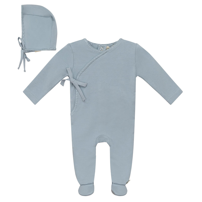 Wrap Snap Front Knit Romper and Bonnet Two Piece Set