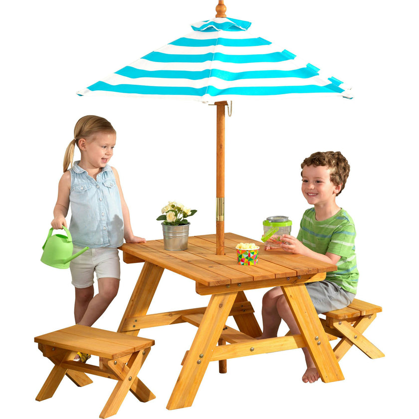 KidKraft 3-Piece Patio Table & Bench Set with Umbrella, Natural/Turquoise/White