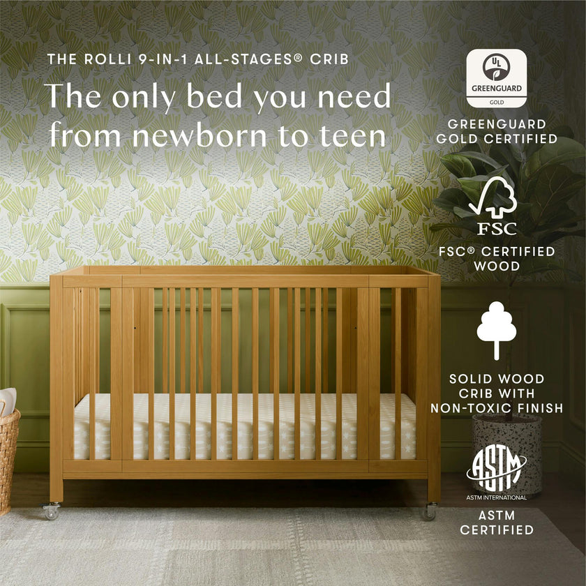 Rolli 9-in-1 Convertible All-Stages® Crib with Bassinet & Toddler Bed Conversion Kits in Honey