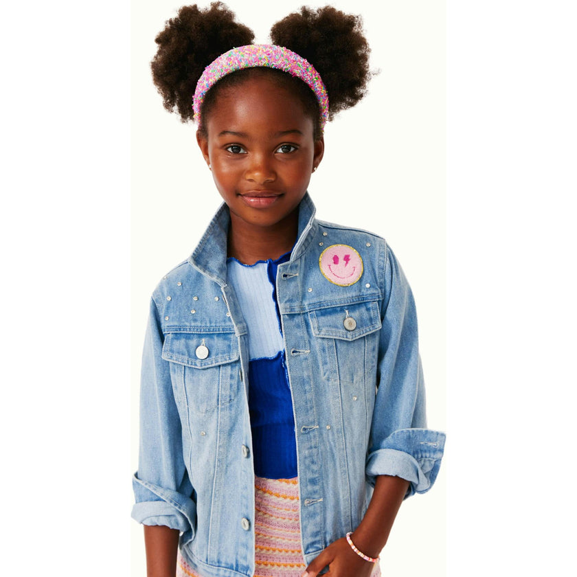 Jeweled Patched Denim Jacket, Blue