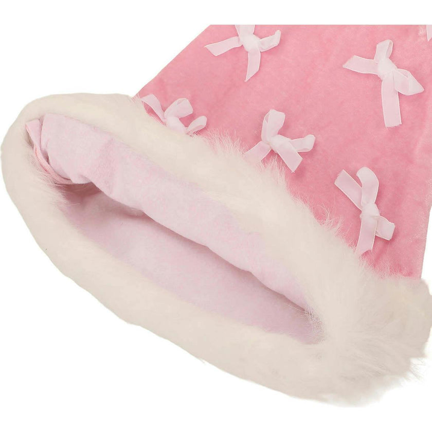 Packed Party Pink Velvet and Bows Santa Hat - Pastel Pink Plush Trim Santa Hat with Festive Bows and Pom Pom for Christmas Parties and Gift Exchanges