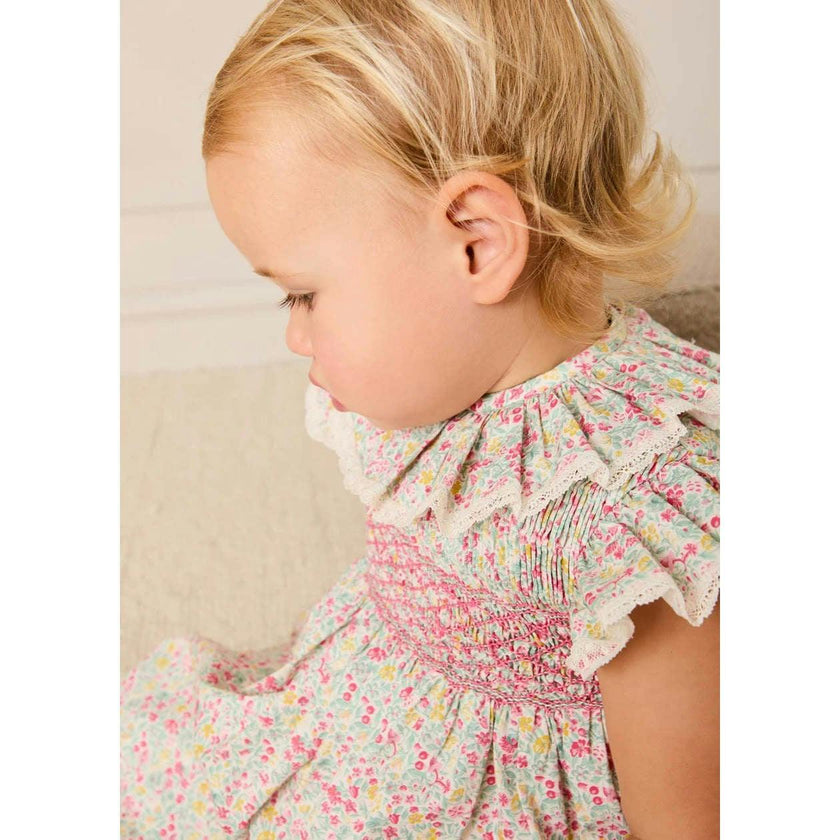 Adelaide Floral Hand Smocked Ruffle Collar Cap Sleeve Dress in Pink (12mths-6yrs)