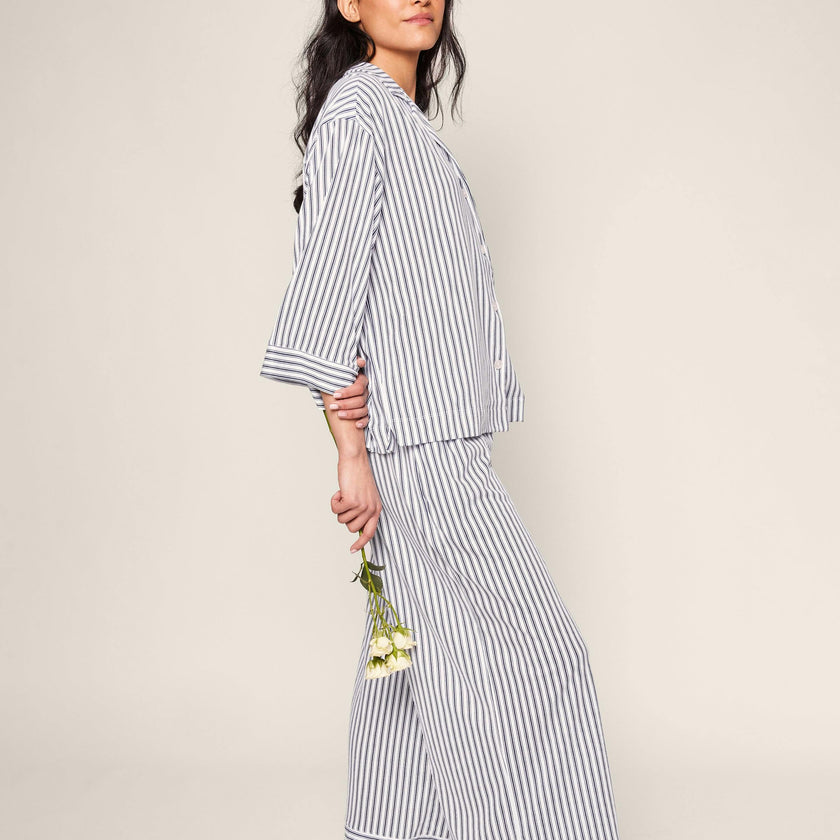 The Olivia Wide Leg Pima Pajama Set in Navy French Ticking