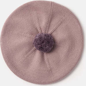 Chunky Ribbed Cotton Knit Pom Pom Beret, Pink