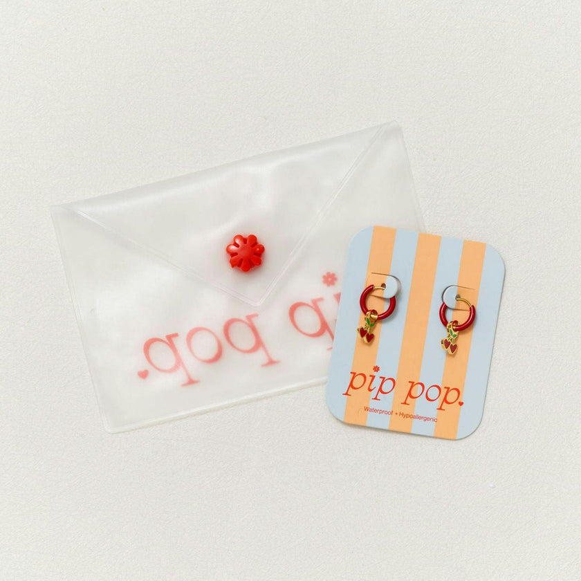 Cherries Charm + Red Enamel Hoop Set