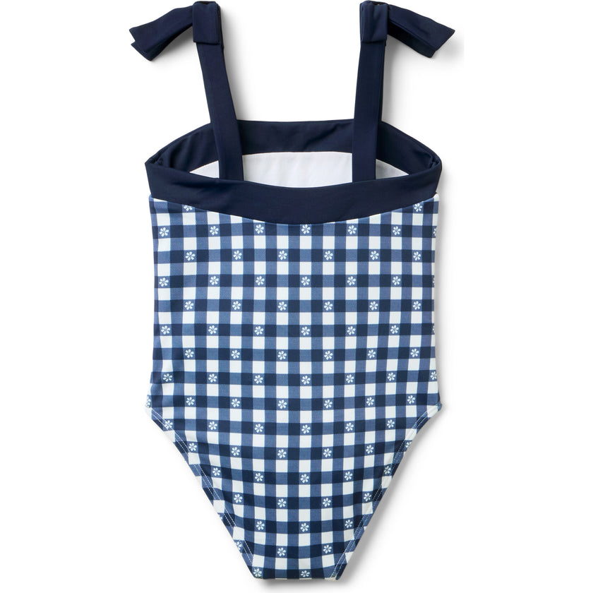 Recycled Gingham Bow Strap Swimsuit, Navy Blue