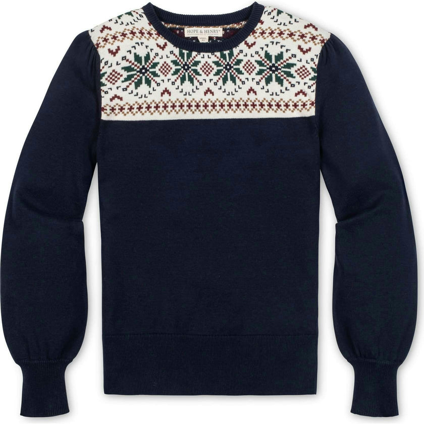 Organic Fair Isle Puff Sleeve Sweater, Blue