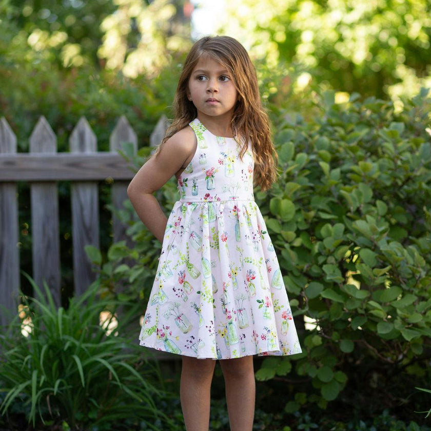 Cross Back Twirly Dress in Pink Plants