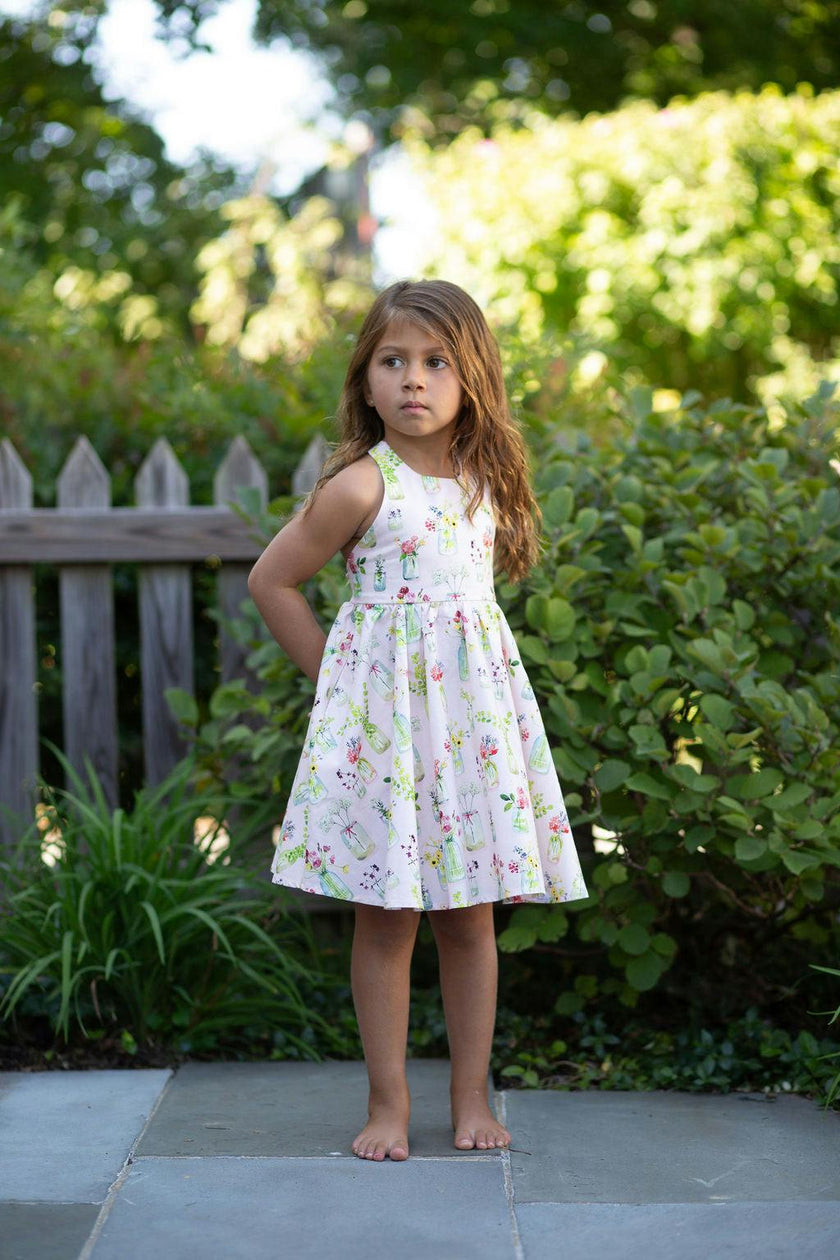 Cross Back Twirly Dress in Pink Plants