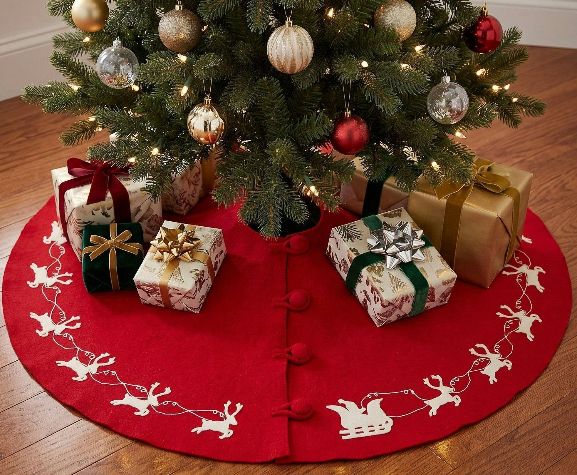 Cream Reindeer Red Christmas Tree Skirt Hand Felted Wool - 60