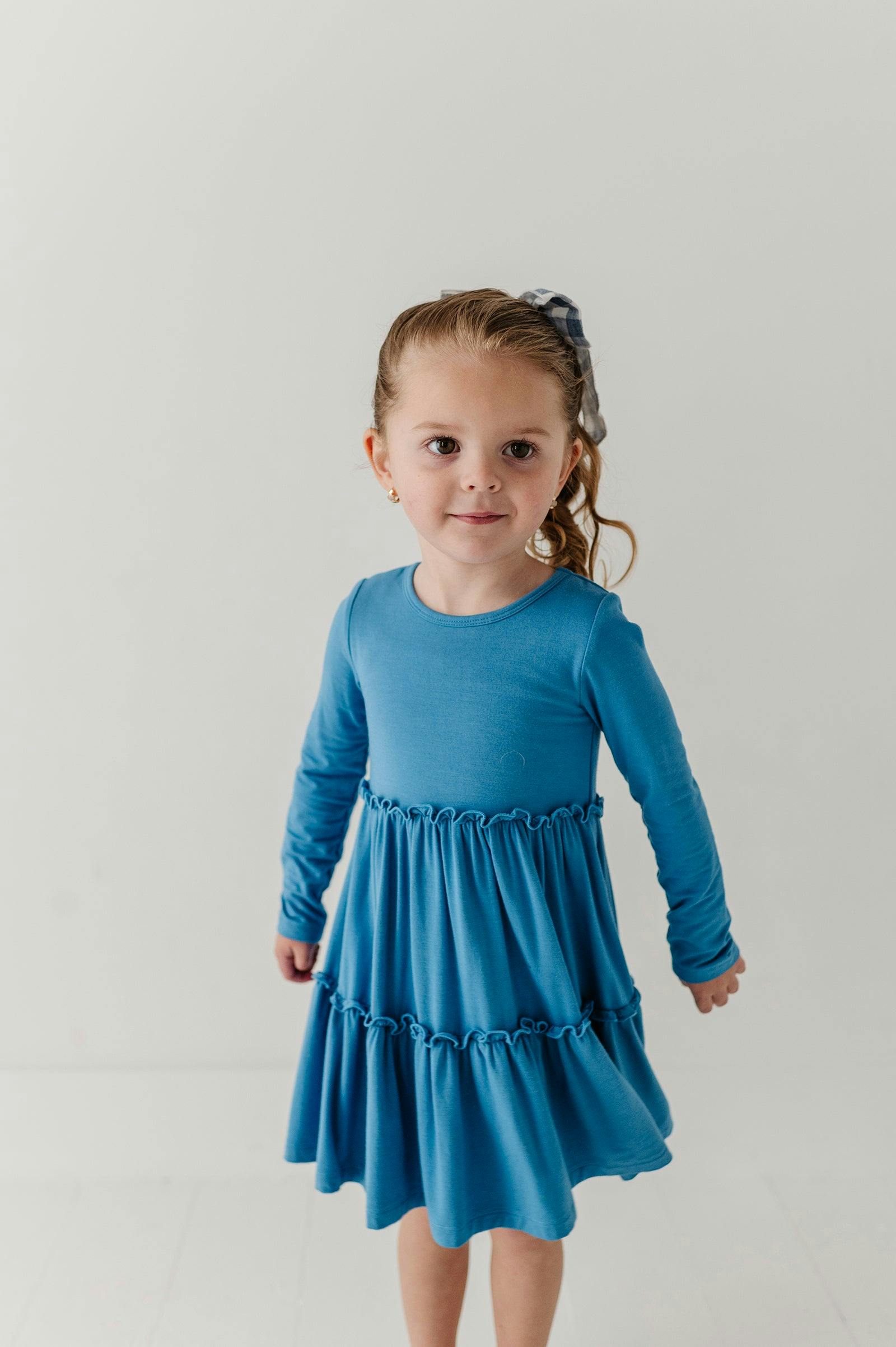 Girls Long Sleeve Double Tiered Dress in Stonewash