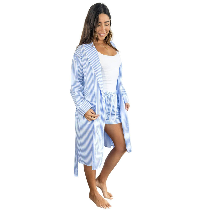 Women's Braddock Classic Robe - Blue Stripe Organic Cotton Poplin