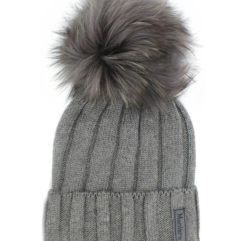 Ribbed Merino Wool Faux Fur Pom Pom Hat