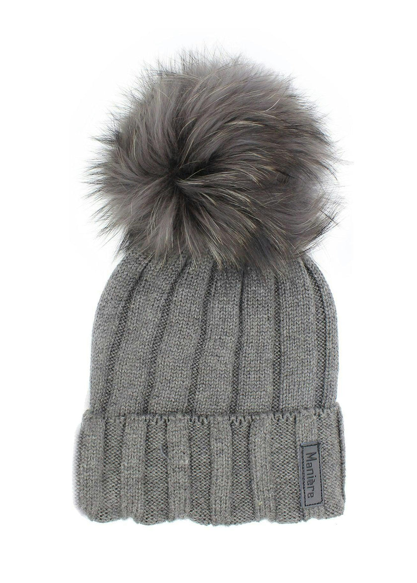 Ribbed Merino Wool Faux Fur Pom Pom Hat