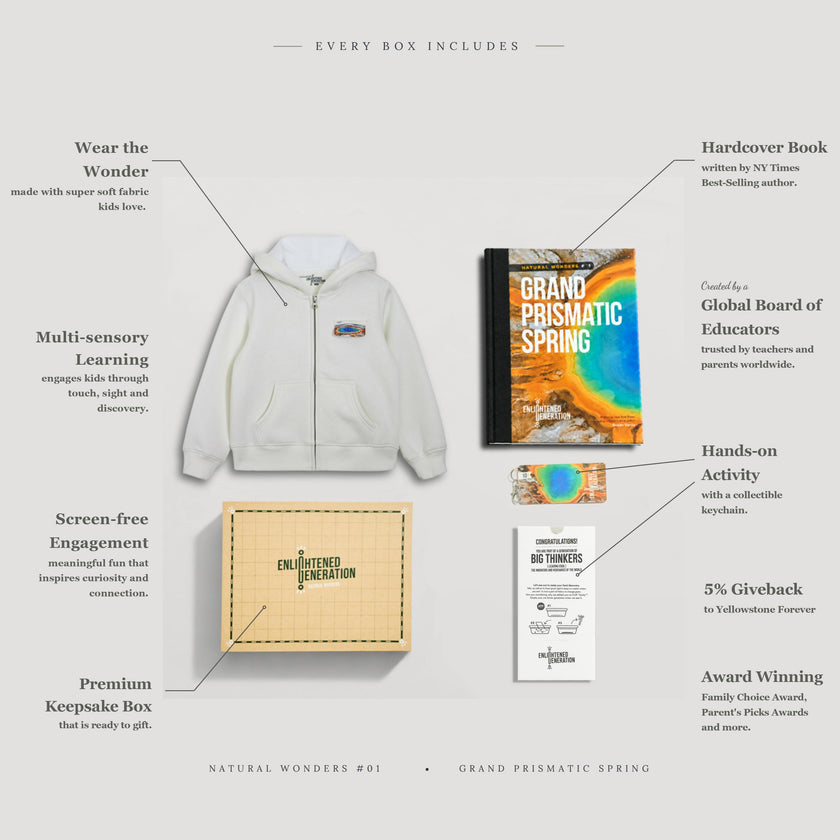 Grand Prismatic Spring Gift Box with Rainbow Pocket Kids Zip-Up Hoodie, Book, and Activities