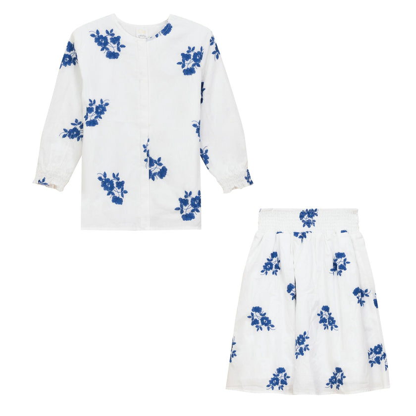 Flower Embroidered Smocked Top and Skirt Two Piece Set